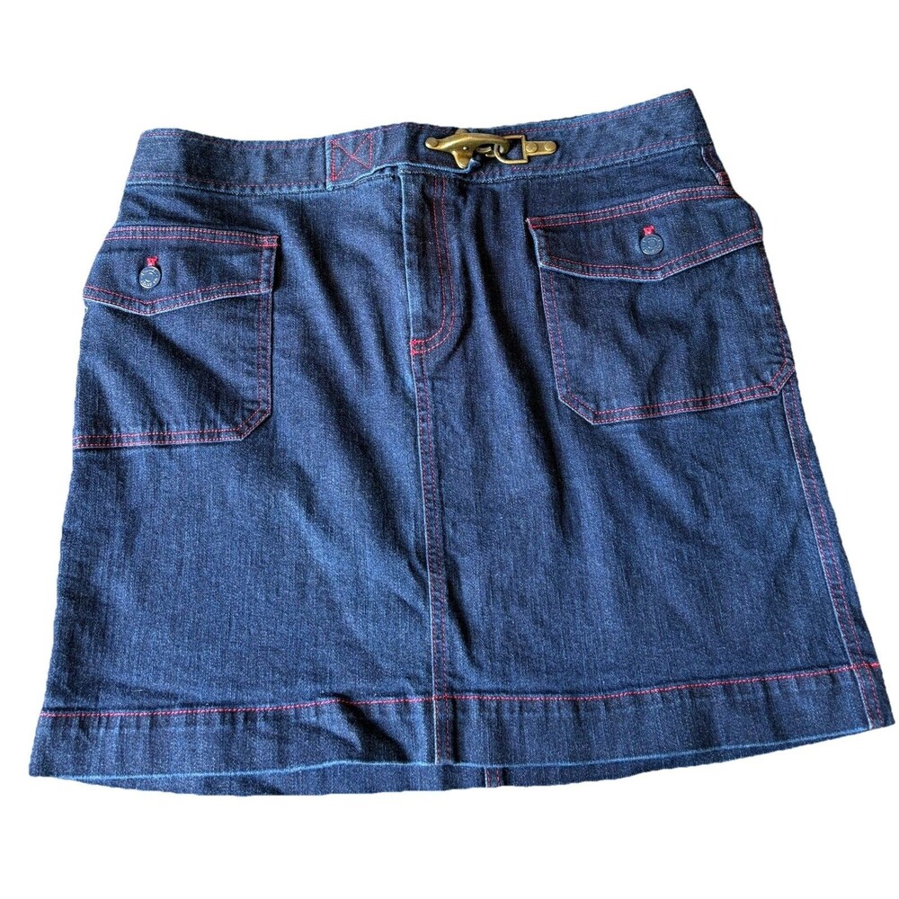 Lauren Jeans by Ralph Lauren Skirt Denim Brass Hardware Dark Wash Red Stitching